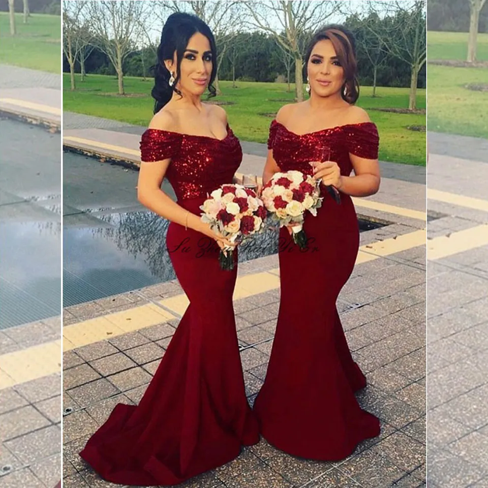 Dark Red Cekinowe Mermaid Prom Dresses V Neck 2020 Glitter Off The Ramię Długie Druhna Party Dresses Gala Burgundia Formalna suknia wieczorowa