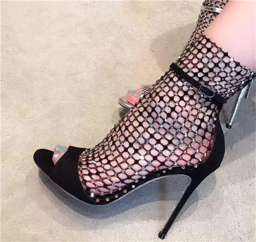 Женщины Bling Bling Fashion Peep Toe Hrinestone Mesh Короткие Тонкие Сапоги на каблуках Вырезанные Шуть Шуть Шут-Аунд