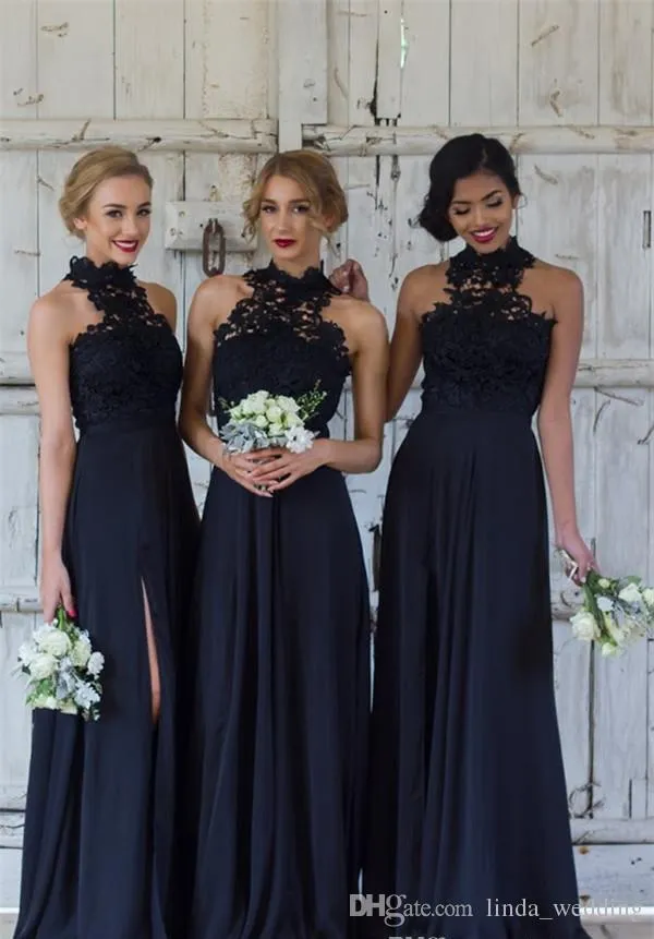 Custom Made 2019 Black High Neck A Line Long Black Bridesmaid Dresses With Applique Detailing For Spring Summer Formal Weddings Parties And Guests Plus Size Available From Linda wedding 96.95 DHgate.C...