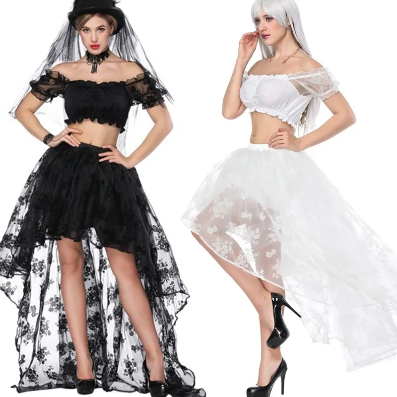 Women 2pcs Dancing Outfit Lolita Rose Floral Lace Mesh Short Sleeves Crop Top with Flocked Asymmetrical Ruffler Floor Hi-lo Skirt Pardy Dres
