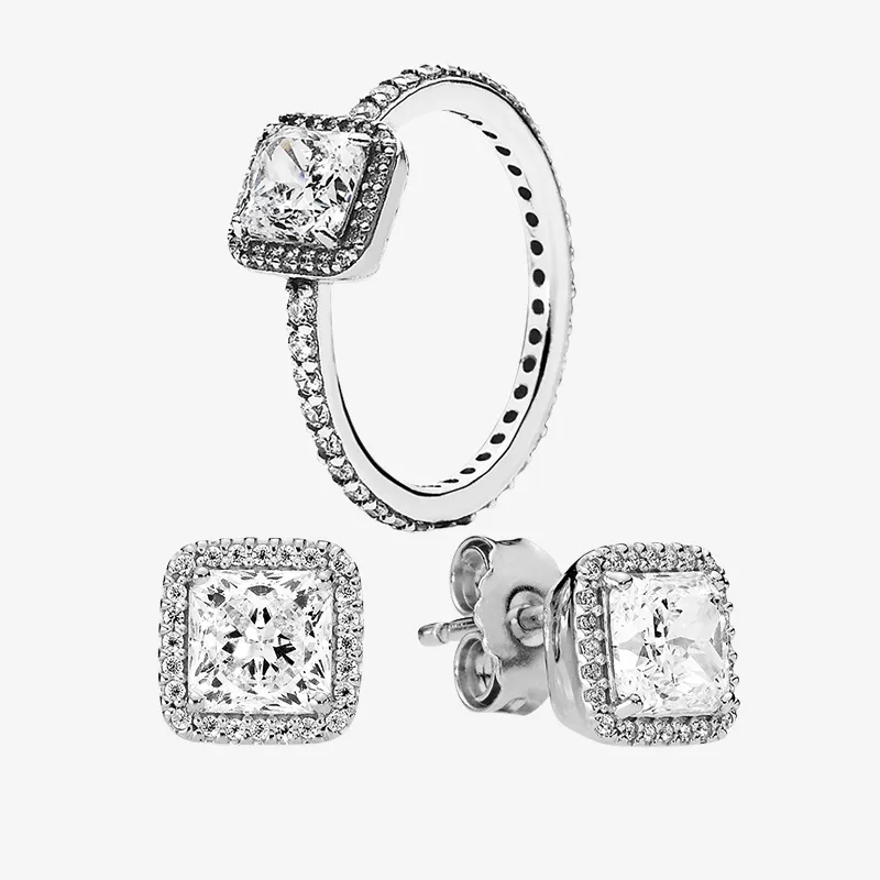 Conjuntos de brincos de anel de casamento autênticos 925 joias de prata para Pandora Square CZ diamante anéis elegantes brincos com caixa original