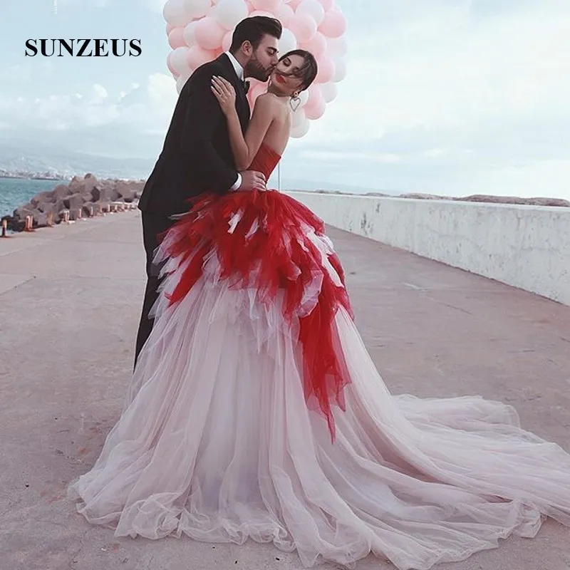 Colorful Tulle Bridal Dress A Line Sweetheart Strapless Pleated Red Bodice Women Wedding Gowns Contrast Color Long Marriage Dress From 219 47 DHgate