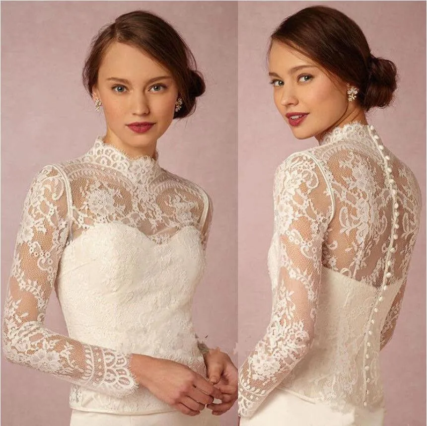 Bhldn 2019 Bröllop Bridal Wraps Långärmad High Neck Bröllop Lace Jackor Bolero Wraps Ny knapp Tillbaka Custom Made Bridal Jacket