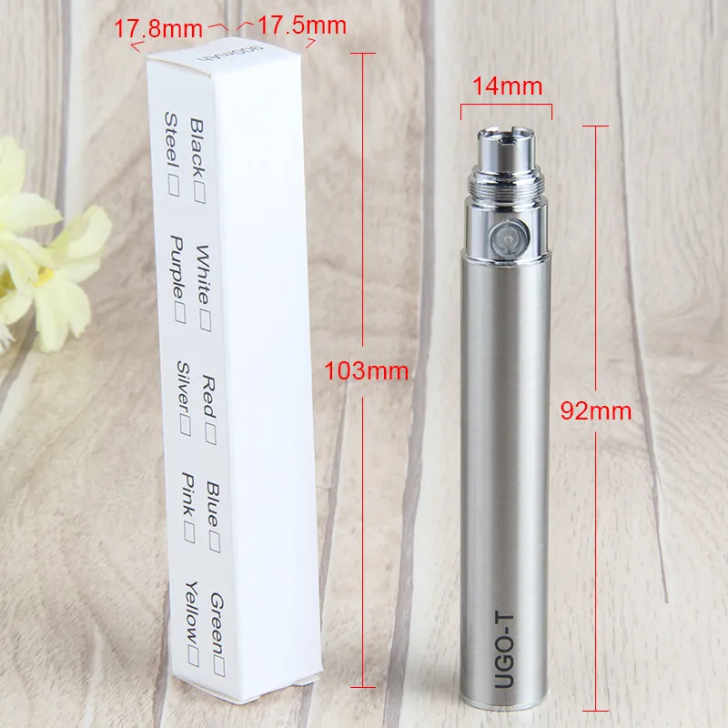 E CIGS 배터리 자아 T 통과 Ugo VII 마이크로 USB 패스 스토어 케이블 650mAh 900mAh 510 Evod Vaporizer 배터리 오픈 vape 빈 카트리지