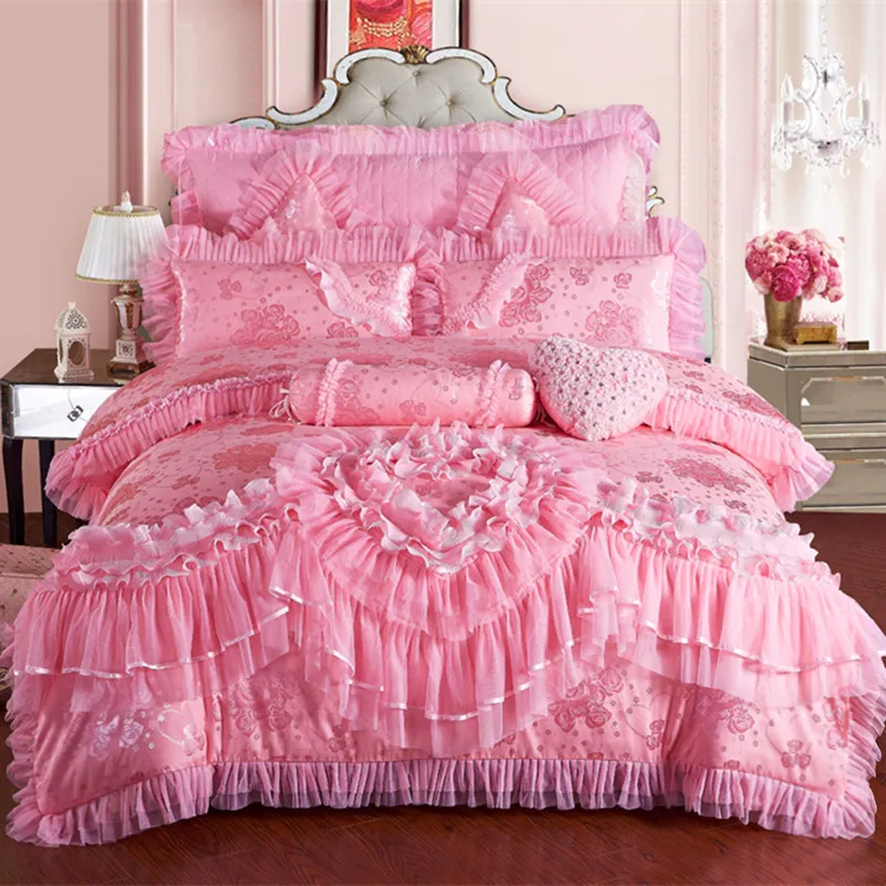 Różowa koronka ślub księżniczki luksusowy zestaw pościeli król rozmiar Queen jedwabna bawełna plama łóżko-zestaw kołdra okładka narzuta poszewka na poduszkę T200326