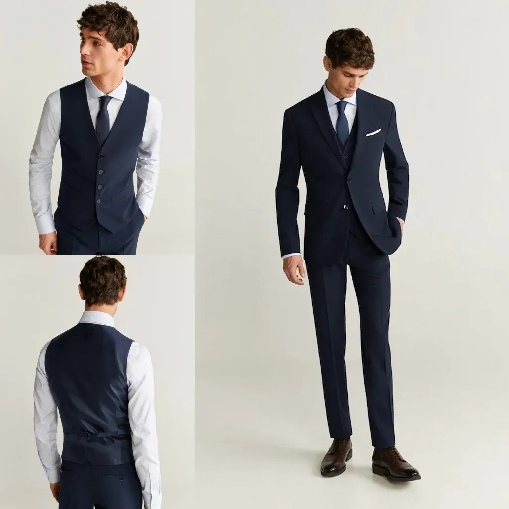 Three Pieces Navy Blue Mens Wedding Tuxedos Slim Fit Suit Notched