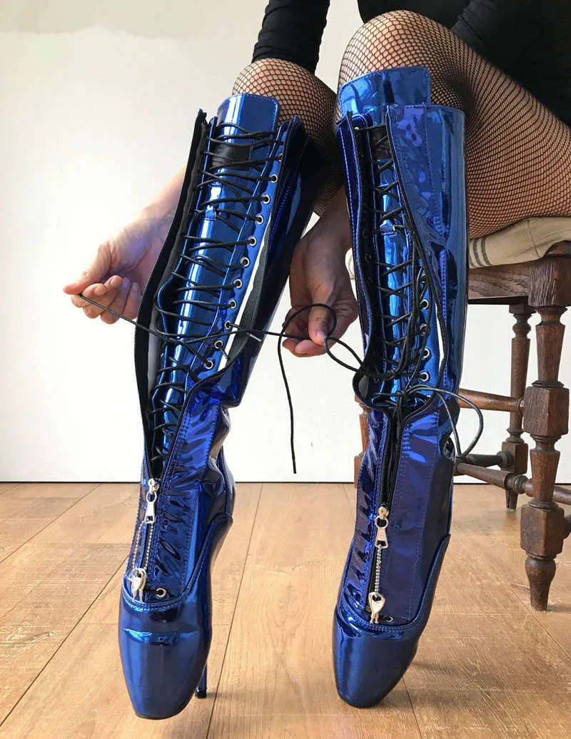 Metallic Royal Blue Boots Woman Sexy Fetish High Ballet Pointe Shoes Women Stilettos Ballet Lockable Zipper Lace Up Unisex Boots