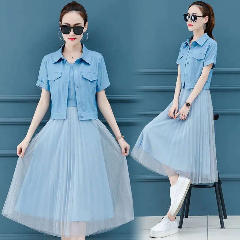 Womens Two Piece Pants Spring And Autumn Korean Fashion Women Dress &  Jacket Top Clothing Set Summer Long Nets Yarn Dresses Outfit Ve From  Hiverc, $43.04