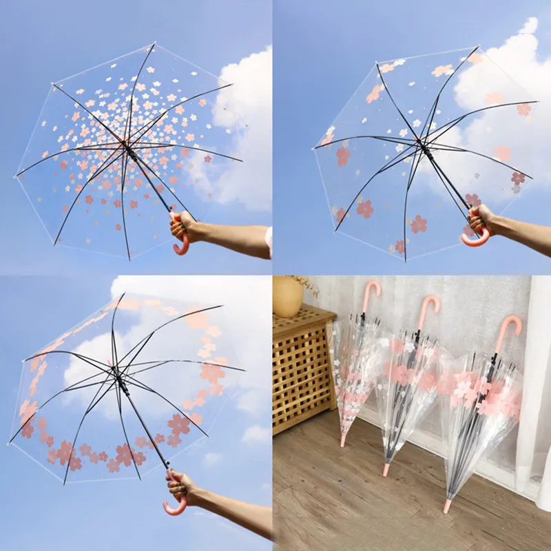 Transparente-chuvas Windproof Umbrella punho longo Limpar Letters flores impressas Umbrella PEO Menina da chuva para guarda-chuvas