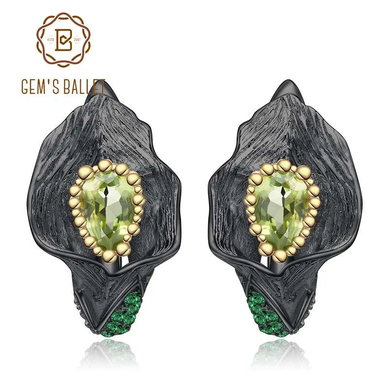 GEM'S BALLET 1,57 ct natürliche Peridot Calla-Lilien-Blatt-Ohrringe, 925er Sterlingsilber, handgefertigte Ohrstecker für Damen, Brincos