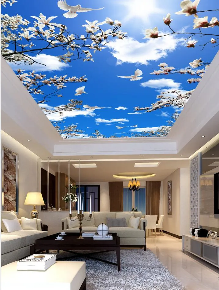 Mural Гостиная Спальня Исследование потолка Обои De Parede 3D Голубое небо белые облака орхидеи ВС плафон