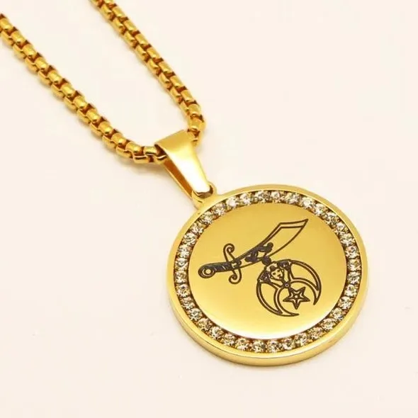 316 Stainless Steel Shriners Gold Finish Plated Silver Masonic Freemason Shrine Pendant Scimitar Round Medal Charm Jewelry with CZ Rim