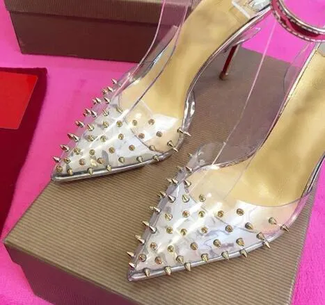 NEW High heels Genuine leather Woman pumps Crystal Woman High Heels Pointed toe Rivet Wedding Shoes Full Original Packaging