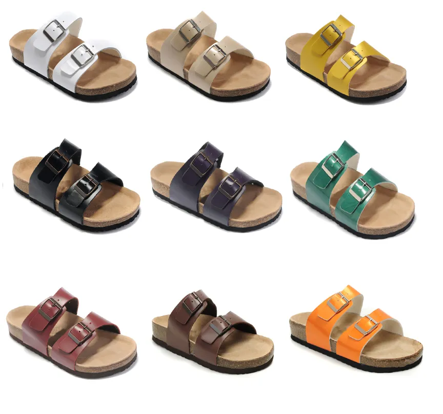 Äkta läder tofflor mens nya platta sandaler kvinnor skor två spänne mode design arizona sommar strand toppkvalitet med orignal box 35-46