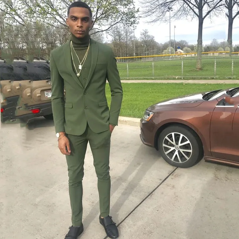 Olive Green Slim Fit Mens Prom Suits Notched Lapel Wedding Suits For Men Tuxedos Three Pieces Blazers Jacket+Pants+Vest