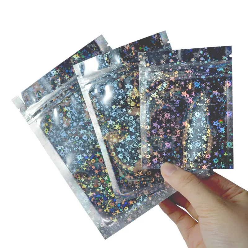 Saco de malote de folhas de alimento da folha do cheiro resselável Bolsa plana mylar saco para o favor do partido Favor Cor Holográfica de armazenamento de alimentos com estrela de glitter