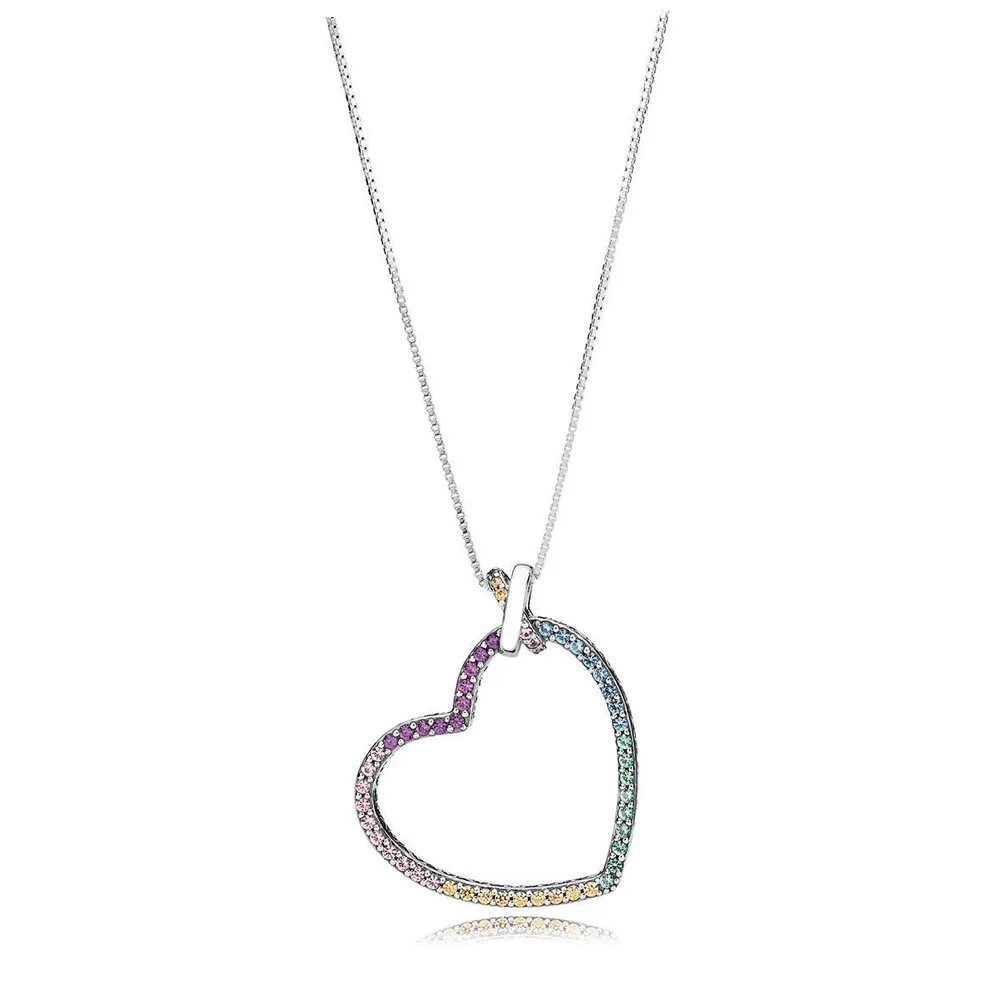 NIEUWE 100% 925 Sterling Zilver Nieuwe Kleurrijke Regenboog Hart Pandora Ketting Voor DIY Originele Vrouwen Geschenken Gratis Verzending