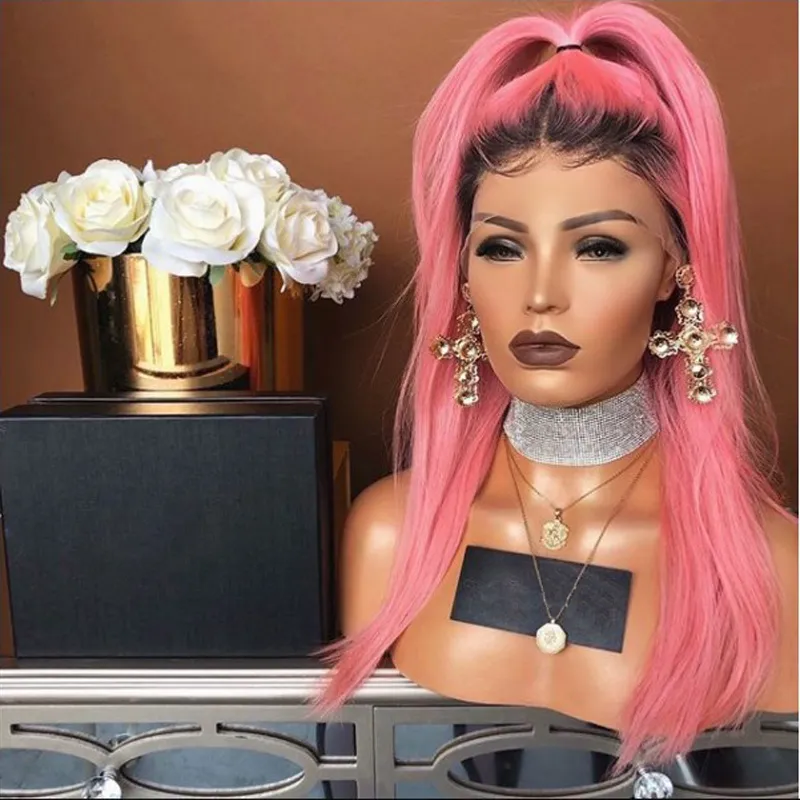 26 Inch Synthetic Lace Front Wig with Dark Roots Ombre Pink  display picture 1