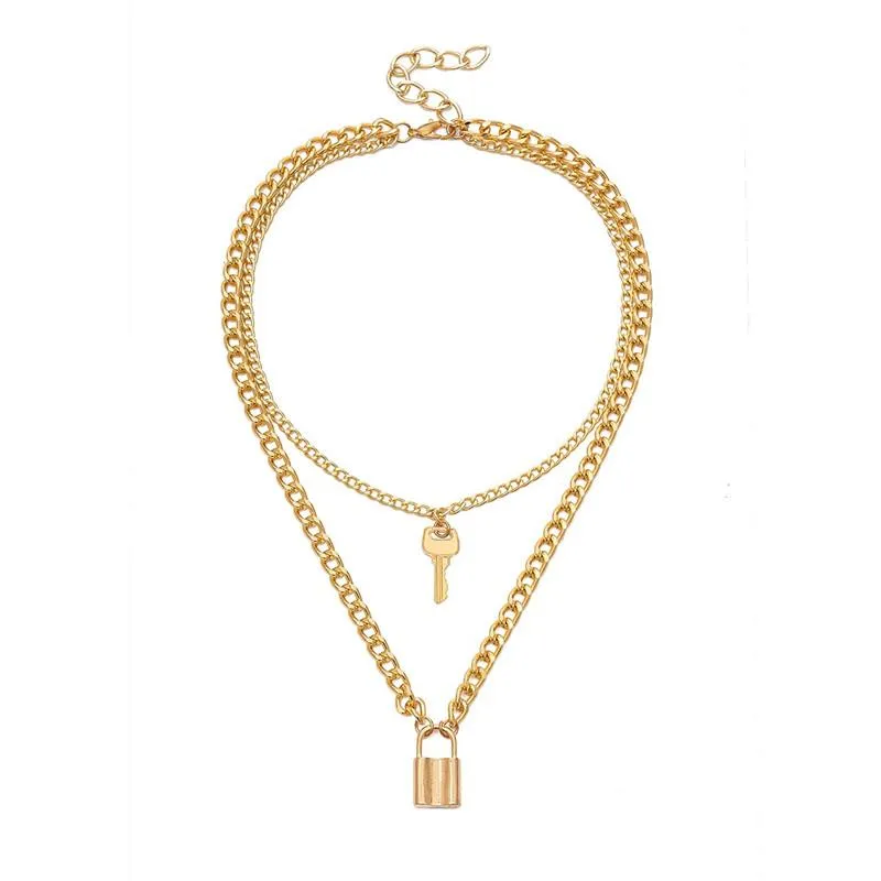 Key lock necklace chokers gold chains multilayer necklaces fashion jewelry women love lock pendant