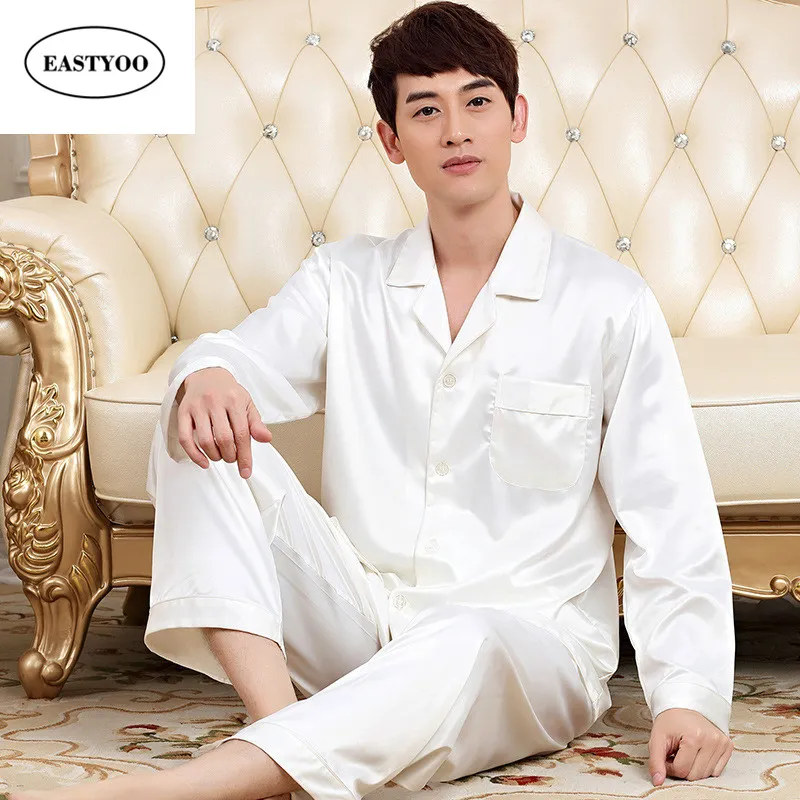 White Pajamas Men Silk Satin Pyjamas Sets Loose Confortable Pijamas Spring Male Satin Pyjamas Set Long Sleeve White Pajama Set