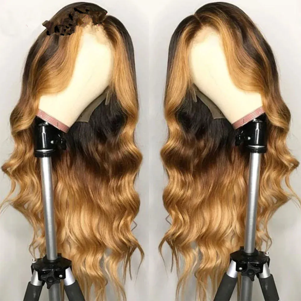 Honung Blond Helspets Människohår Peruker Färgade hd Frontal Peruk Ombre highlight 150% 360 Front brasiliansk Preplucked DIVA1