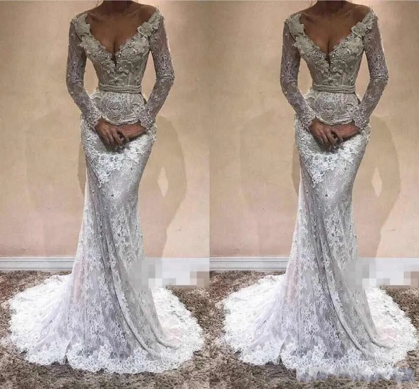 2019 Nuevos vestidos de novia de sirena de lujo Cariño Mangas largas Apliques de encaje Perlas Sash Sweep Train Tallas grandes Vestidos de novia formales personalizados