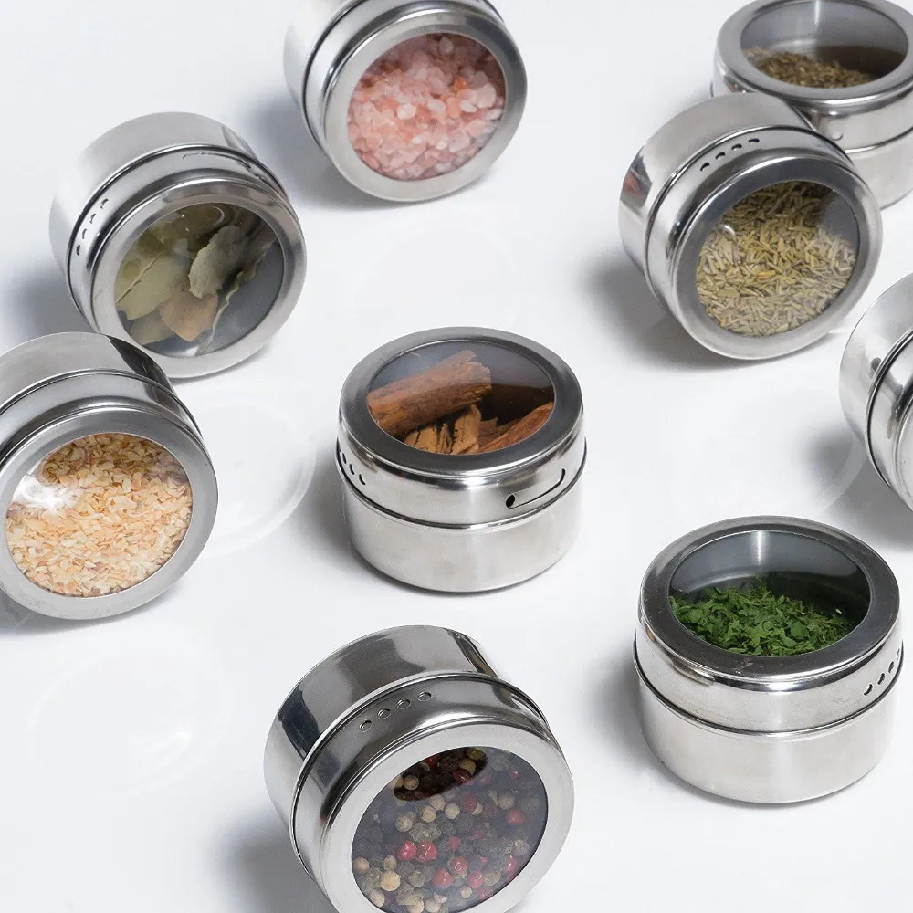 6st / set Clear Lid Magnetic Spice Tennburk Rostfritt stål Spice Said Storage Container Jars Kökshållare Houseware