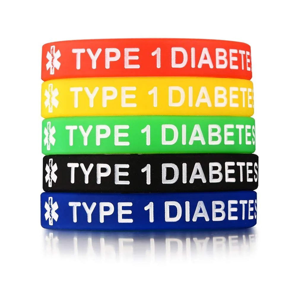 Set di 5 braccialetti rigidi in silicone per allarme medico del diabete di tipo 1, 7,5"