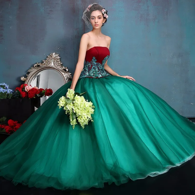 Peacock color off-shoulder bodice glam evening gown with long green tulle  skirt
