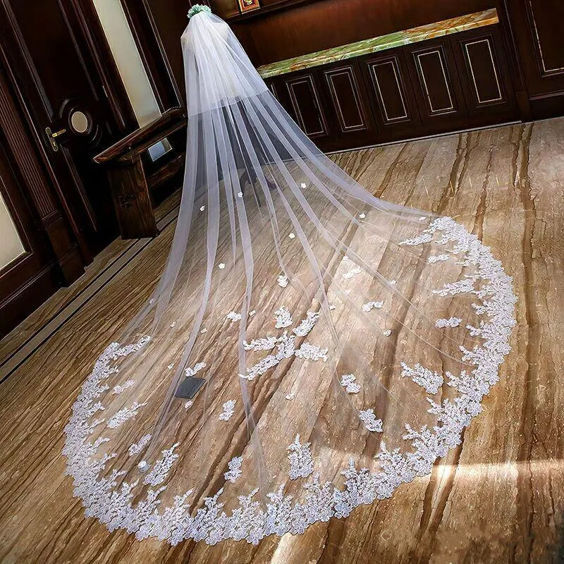 2019 Romantischer Brautschleier, Kathedralenlänge, 3 m lang, applizierte, maßgeschneiderte Hochzeitsschleier mit Kamm, echtes Bild165o