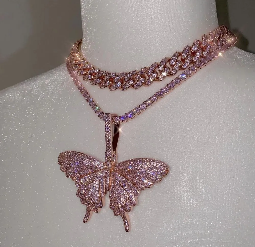 pink butterfly necklace for women pink girl fashion jewelry with pink tennis chain miami cuban link chain necklaces