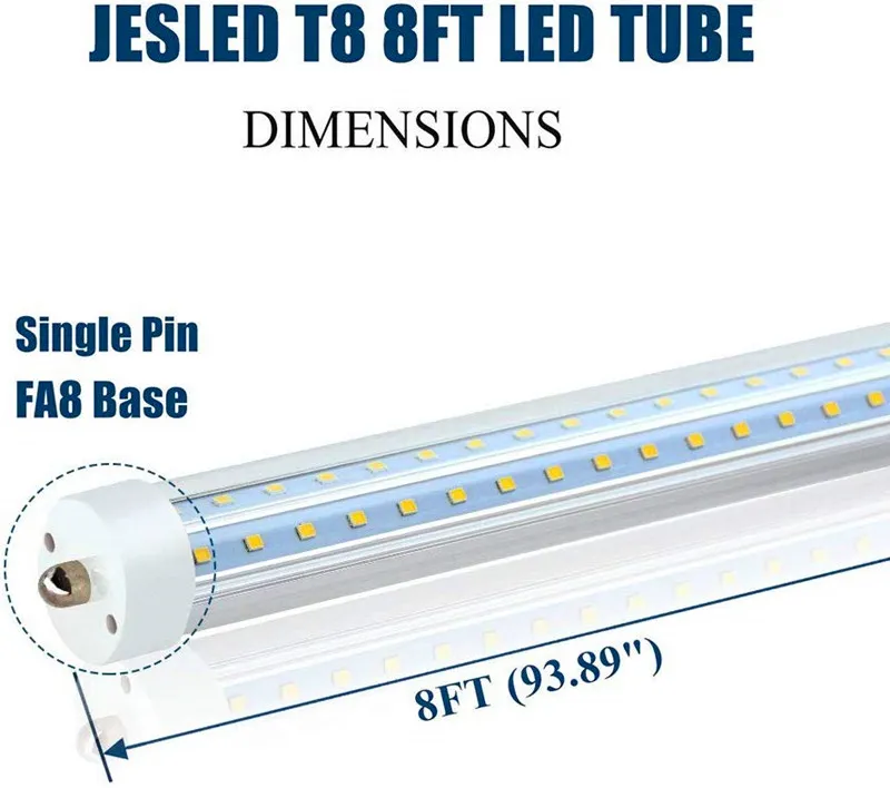 8FT LED Tubes Lumineux V Forme 72W 6000K Simple Broche Fa8 Base T8 T10 T12 LED Ampoules Fluorescentes Remplacement 150W Équivalent