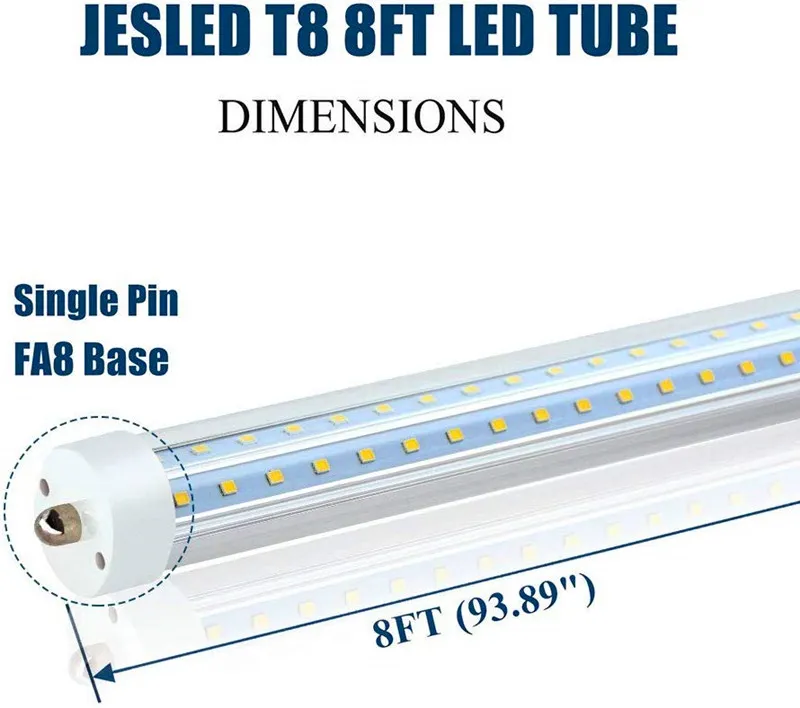 8ft LED 라이트 튜브 V 모양 72W 6000K 단일 핀 FA8베이스 T8 T10 T12 LED 형광 전구 교체 150W 등가