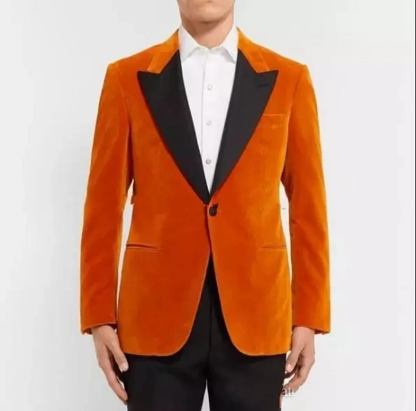 Velvet Groom Tuxedos Orange Men Wedding Tuxedos Black Peak Lapel