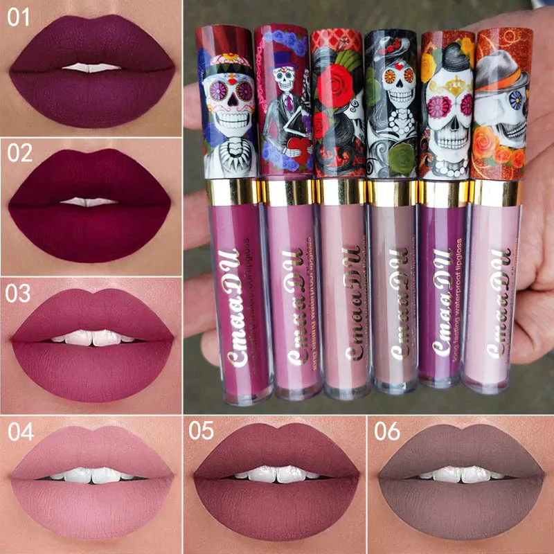 CmaaDu Lip Gloss Skull Design Matte Liquid Lipglosses 6 Cores À Prova D' Água Metal Perolado Brilho Lábios de Longa Duração Gloss Maquiagem Atacado Lipgloss