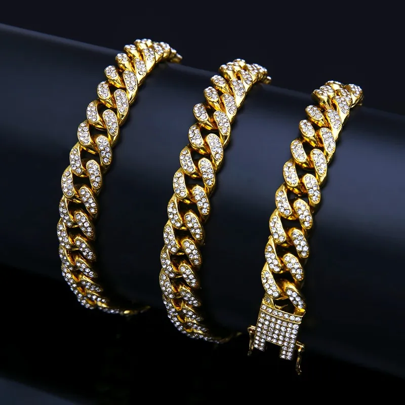 Mens Hip Hop Gold Bracelets Gold Silver Plated Cuban Link Chain Miami Bracelets Iced Out Diamond Fashion Hip Hop Jewlery