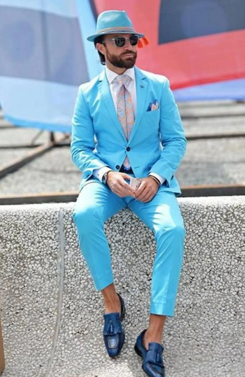 Marka Yeni Turkuaz Erkekler Düğün Smokin Çentik Yaka Damat Smokin Mükemmel Erkekler Blazer Suit Balo / Akşam Yemeği Ceket (Ceket + Pantolon + Kravat) 2621