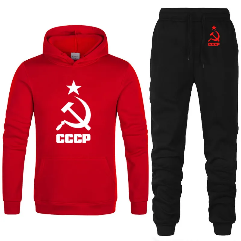 Inverno Autunno caldo Tuta da uomo Felpa con cappuccio giacca + pantaloni della tuta Tuta sportiva unica russa URSS con stampa sovietica