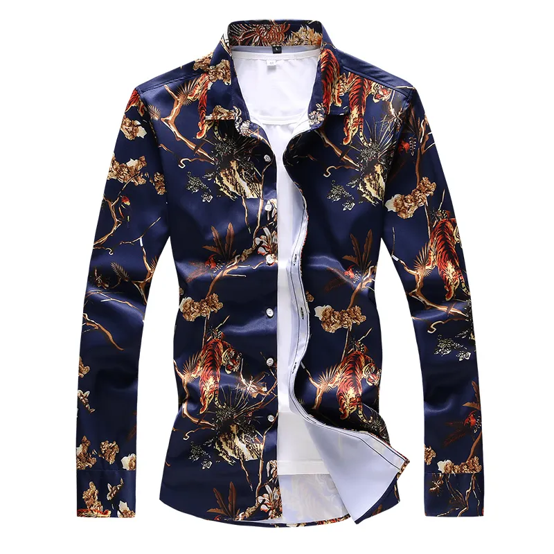 2018 Herren Herbst Print Langarmhemd Jugendmode Blumen Marineblau Hawaiihemd Satin Blume Camisa 7502 M-7XL