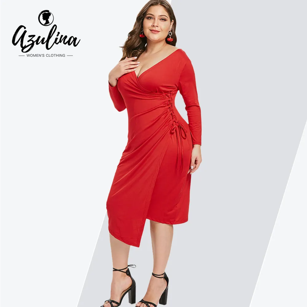 Azulina Plus Size Sexy Plunging Neck 3/4スリーブボディコンドレス女性ドレスvestidos秋冬女性ドレスビッグサイズの服