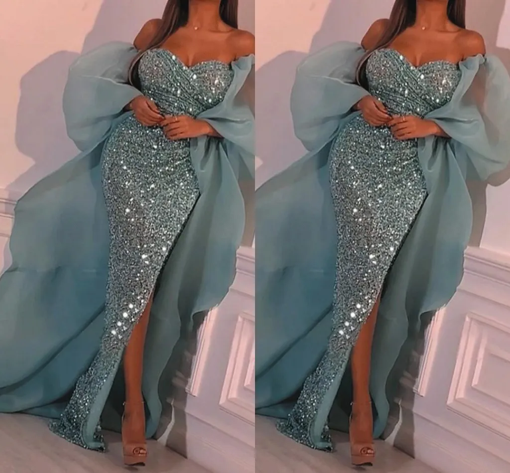 Mint Green Dubai Arabisch Sexy Meerjungfrau Ballkleider Pailletten Schatz High Side Split Organza Bodenlangen Cocktail Party Kleider Vestidos