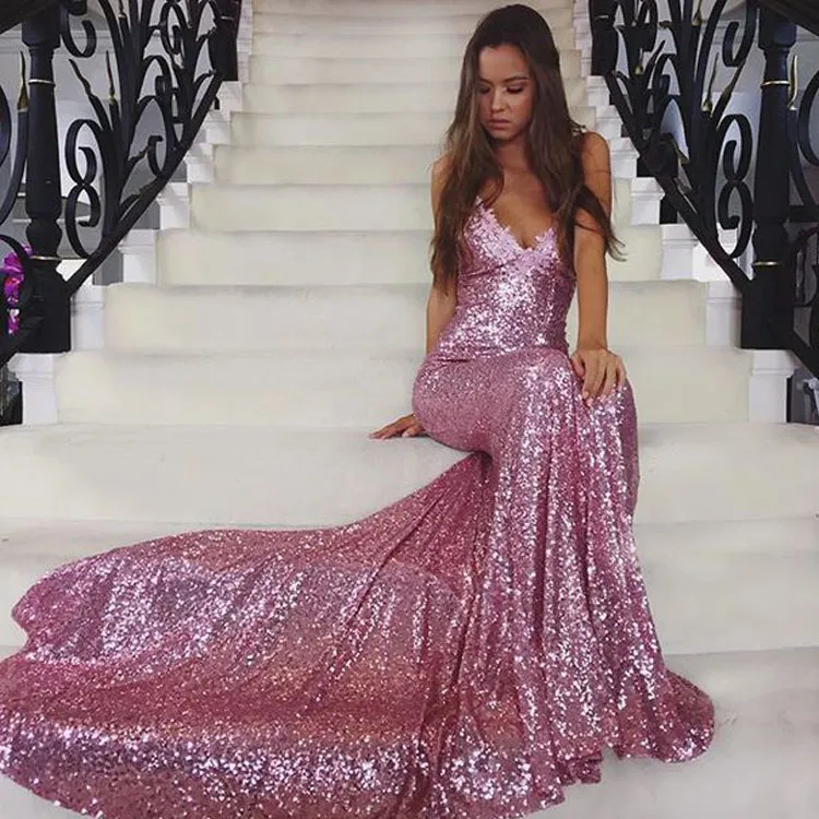 Sparkly Sequined Mermaid Prom Dresses Rose Gold V-hals Lange avondjurk Chique Party Draag op maat gemaakte ruche Ogstuff-jurken