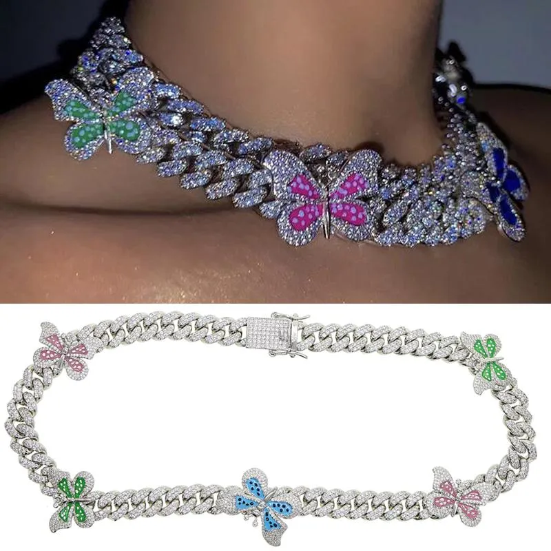 2020 nouveau coloré émail papillon breloque collier 12mm glacé Bling CZ Miami cubain lien chaîne papillon tour de cou femmes bijoux