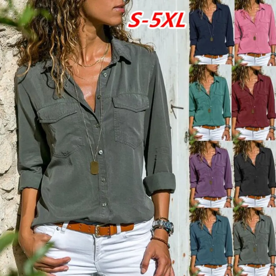 2024 Camicette Da Donna Taglie Forti Camicie A Maniche Lunghe A V Bottoni Casual Sciolti Nero E Blu Da 9 41 DHgate