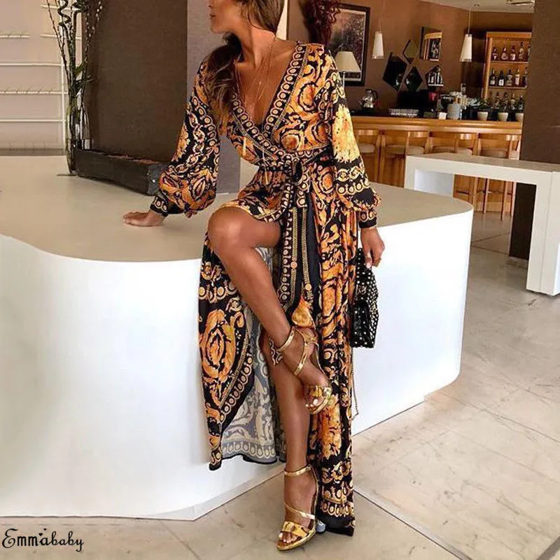 New Vintage split gold Christmas dress Women winter elegant print maxi dress long sleeve Autumn loose party boho sexy