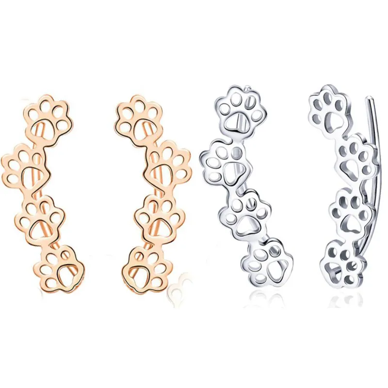 S925 Sterling Silver Puppy Dog Katt Pet Paw Print Stud Örhängen för Kvinnor Pierced Ears Climber Crawler Teen Girls Footprint Body Smycken