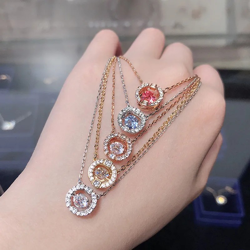 Pendentif colliers bijoux collier pendentif multicolore cristal rond intelligent femmes battant coeur chaîne de clavicule intelligente