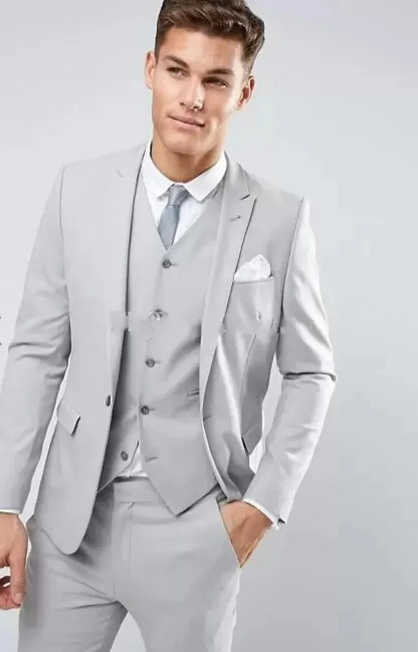 Klassieke Designe Light Gray Groom Tuxedos Mannen Bruiloft Tuxedos Uitstekende Mannen Business Diner Prom Blazer 3 Stuk Suit (Jas + Broek + Tie + Vest) 36