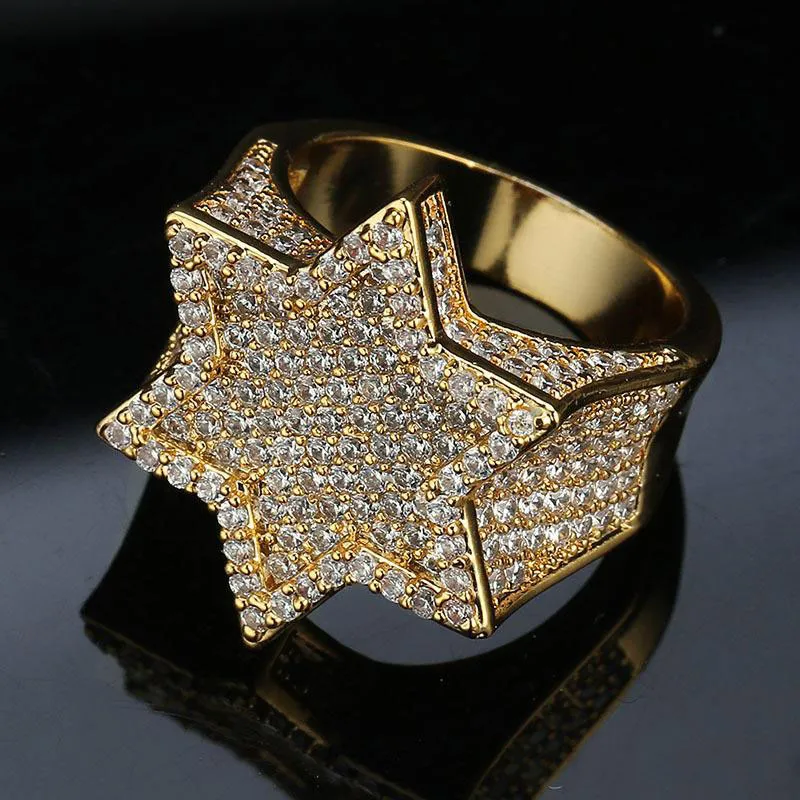 Gold Plated Bling Cubic Zirconia Star Rings For Men Fashion Hiphop Ring Ice Out CZ Jewelry Male Hip Hop Ring