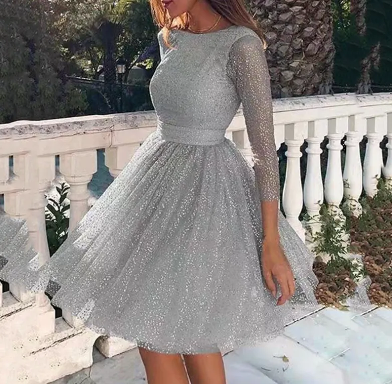 2020 Lovely Short Prom Dresses Three Quarter Sleeves Shining